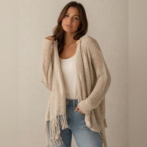 Open-Front Lightweight Knit Cardigan - Beige